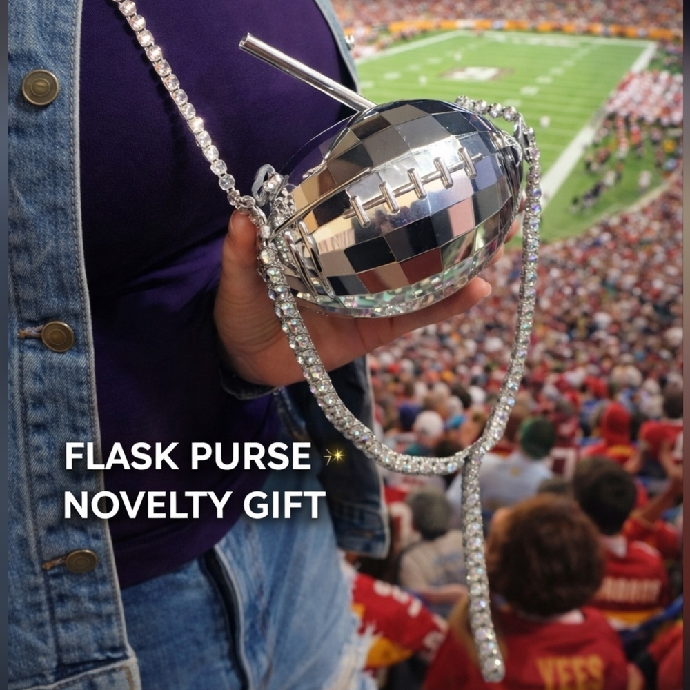 Disco Ball Football Flask Purse w Straw – Silver Novelty Party Bag NWT superbowl